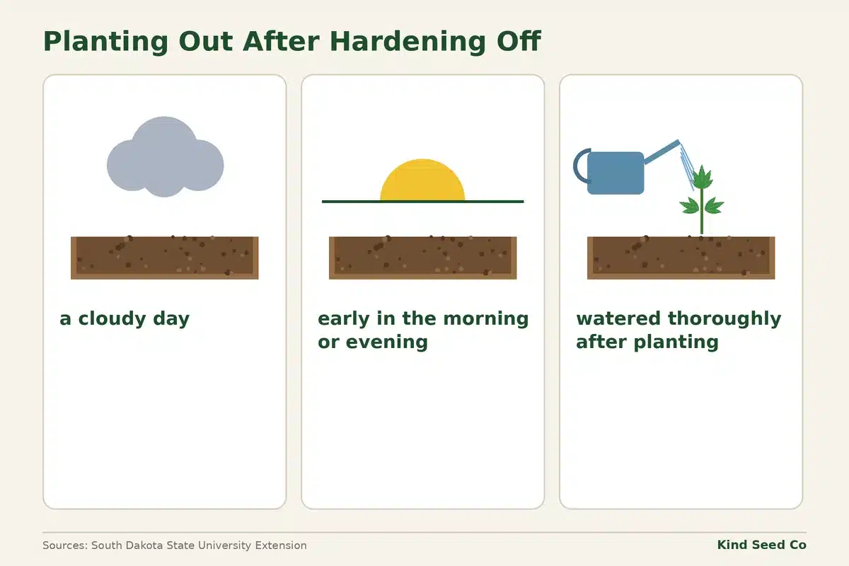 Diagram of three planting-day tips: a cloudy day, early in the morning or evening, and watered thoroughly after planting