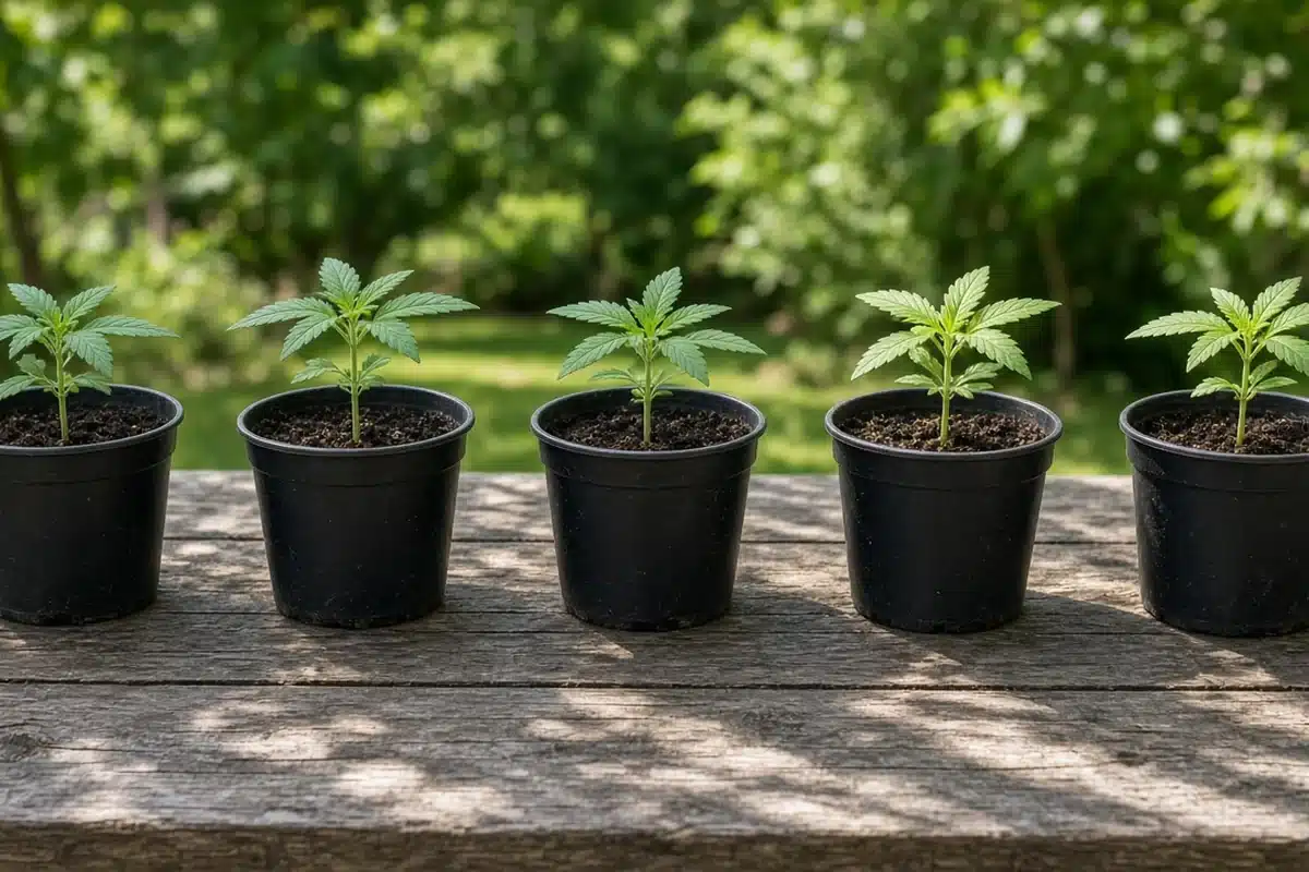Photo-style illustration of young cannabis seedlings in small pots on a wooden bench in dappled shade outdoors
