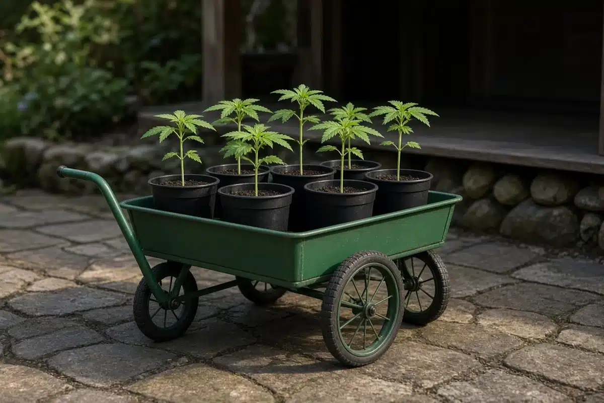 Photo-style illustration of a garden cart loaded with young cannabis seedlings in small pots on a patio