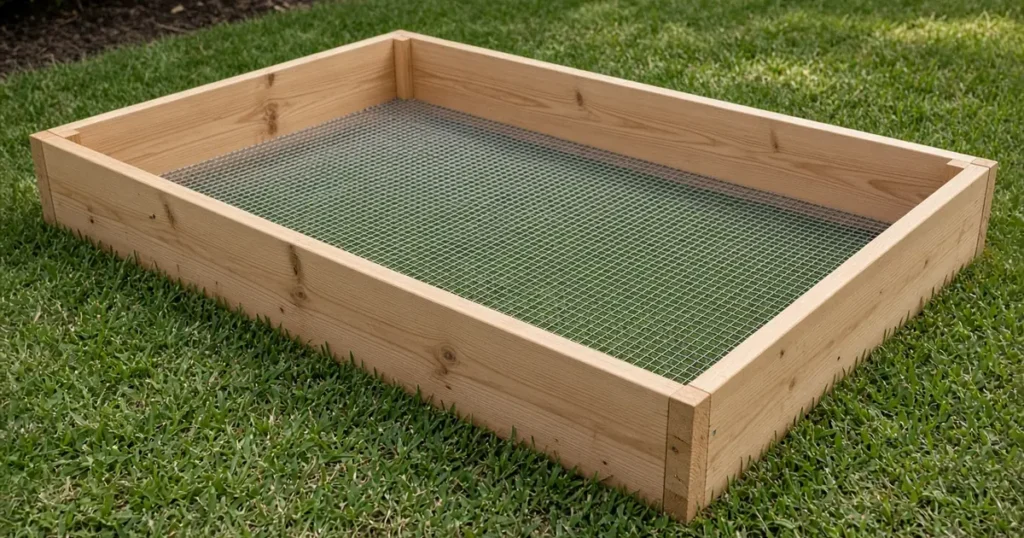 Galvanized wire mesh laid inside an empty raised bed frame