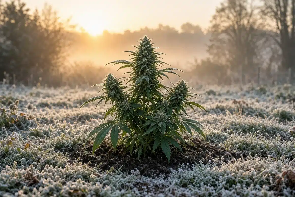 Hardy cannabis plant outdoors on a frosty morning