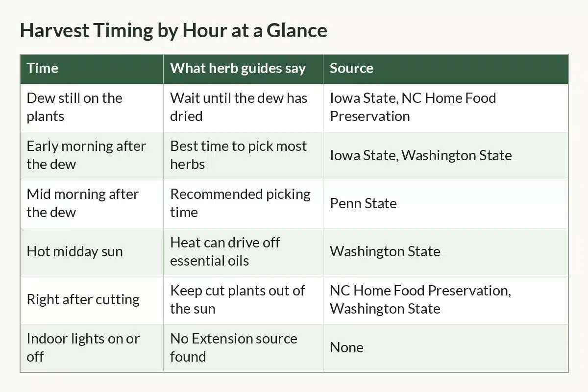 Table graphic of Harvest Timing by Hour at a Glance with columns Time, What herb guides say, Source and 6 rows