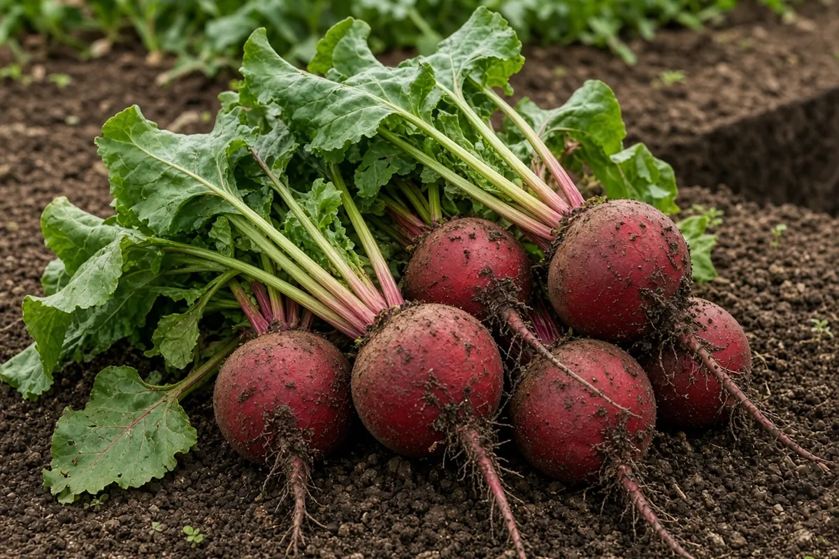 Harvested beets with full round roots