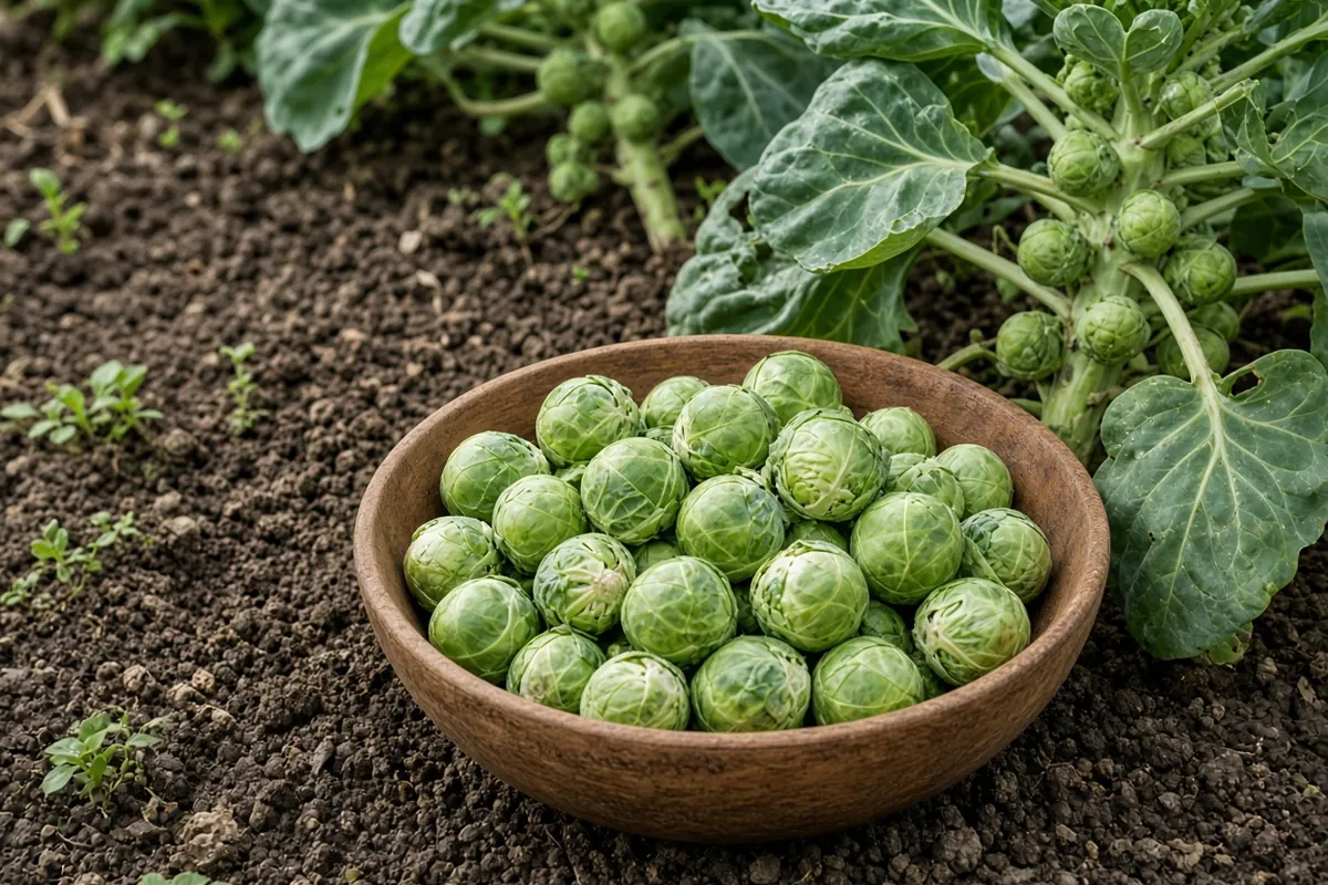 Harvested Brussels sprouts beside the stalk