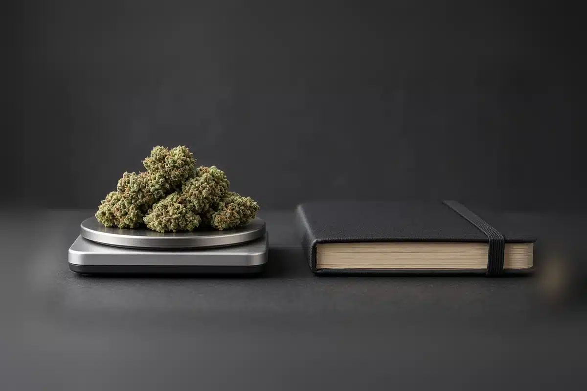 Trimmed cannabis buds on a digital scale beside a grow journal