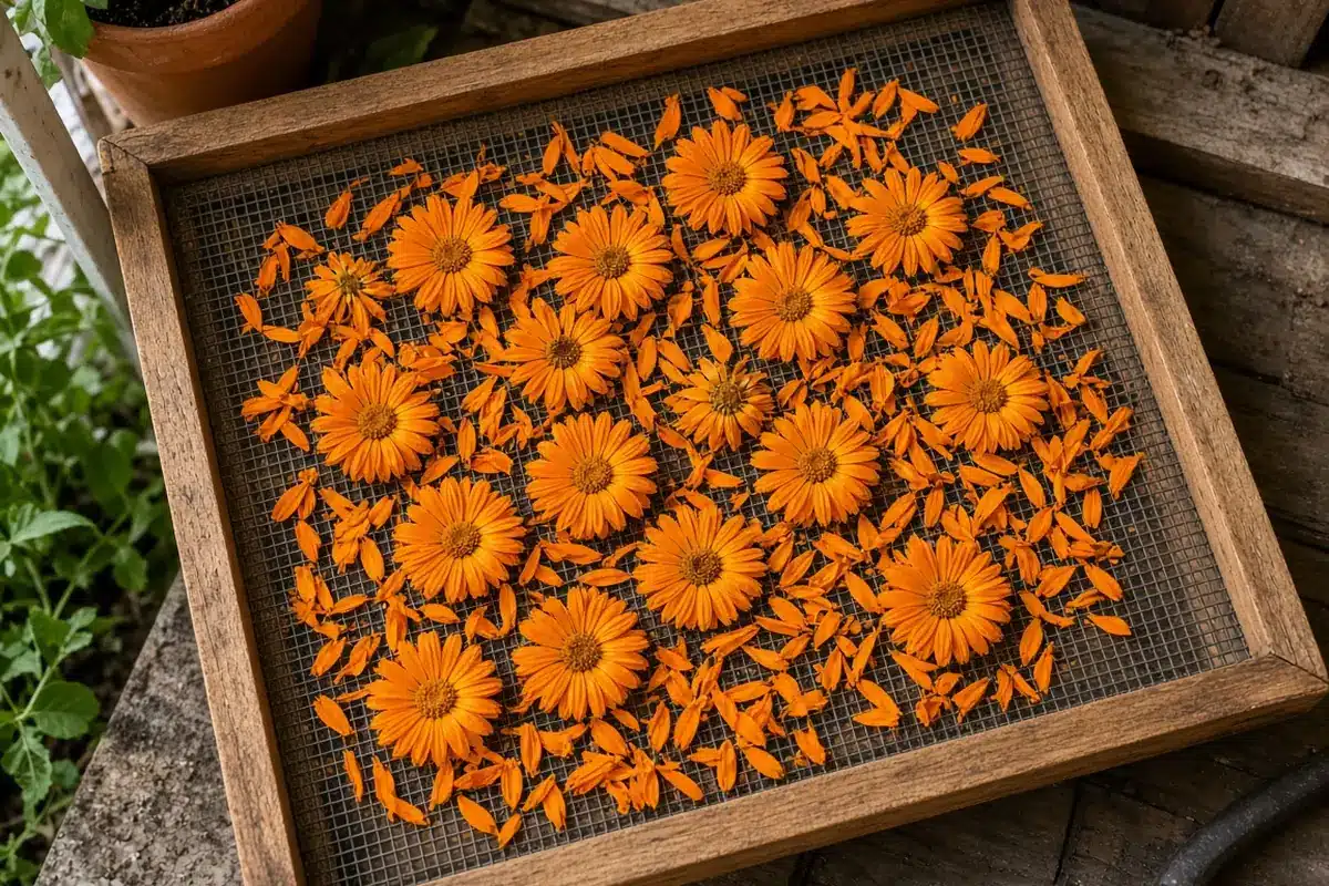 Calendula flower heads and loose petals on a drying screen