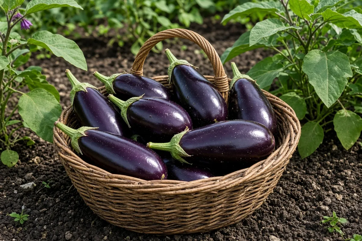 Harvested eggplants in a basket
