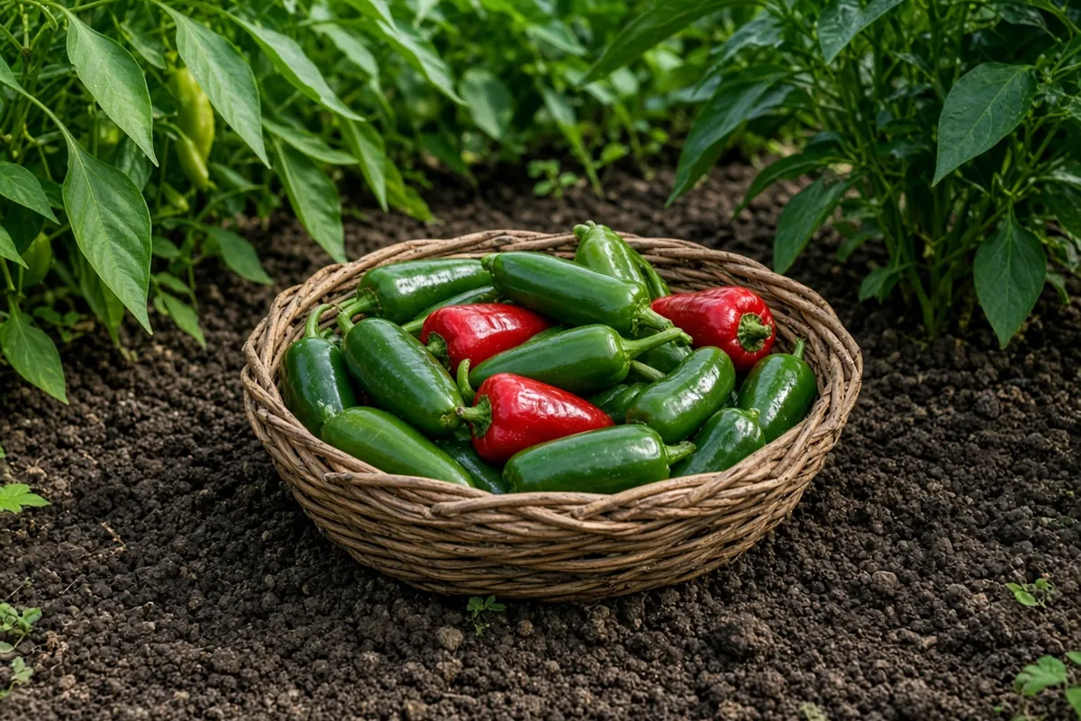Harvested green and red jalapenos