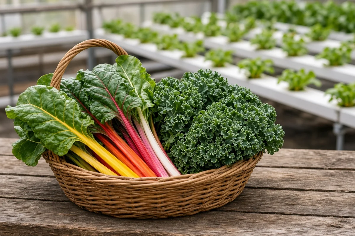 Harvested hydroponic chard and kale leaves
