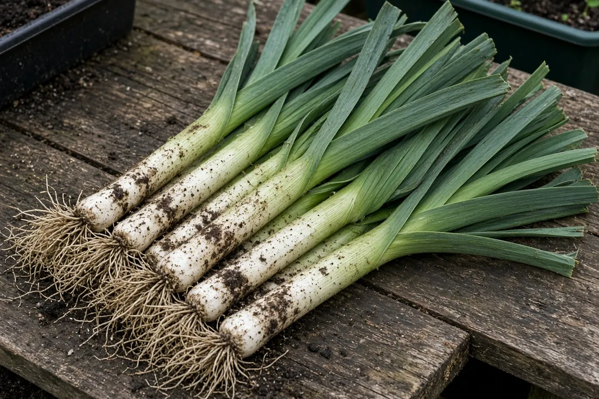 Harvested leeks with long white shanks