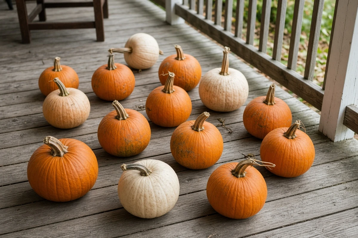 Harvested pumpkins curing on a porch