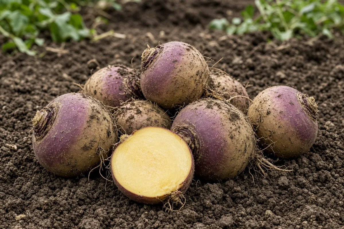 Harvested rutabagas with yellow flesh