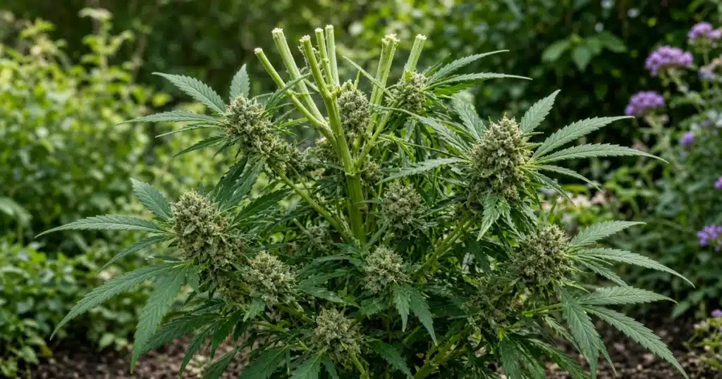 Cannabis plant in a garden with the top colas removed and lower branches still full of buds