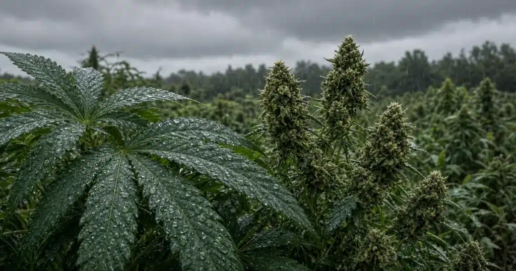 Outdoor cannabis plants under a gray sky with light rain on the fan leaves and a garden in the background