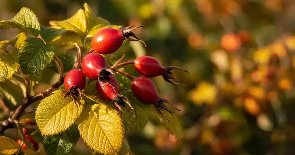 Red rose hips on a shrub in autumn