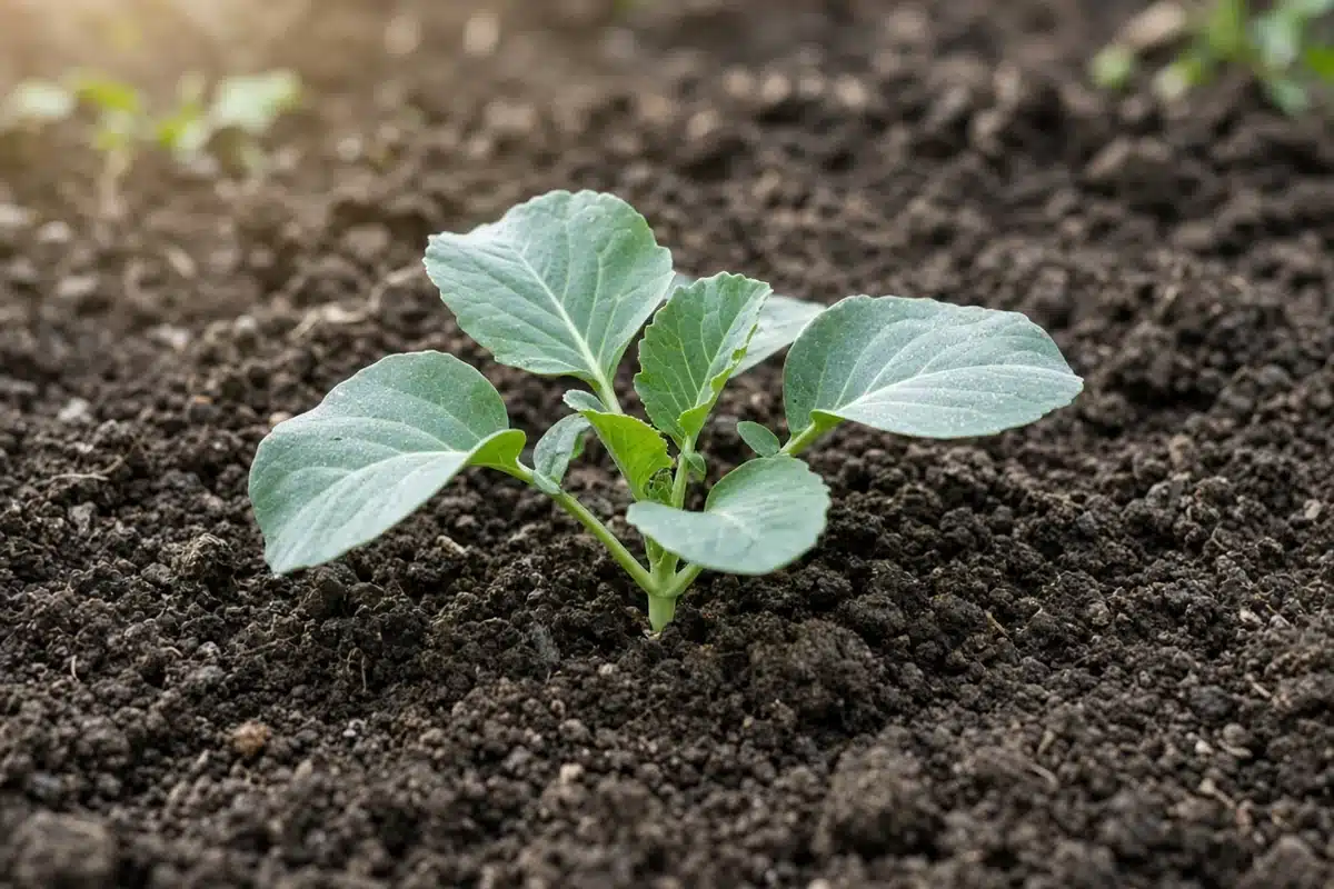 Healthy broccoli transplant in garden soil