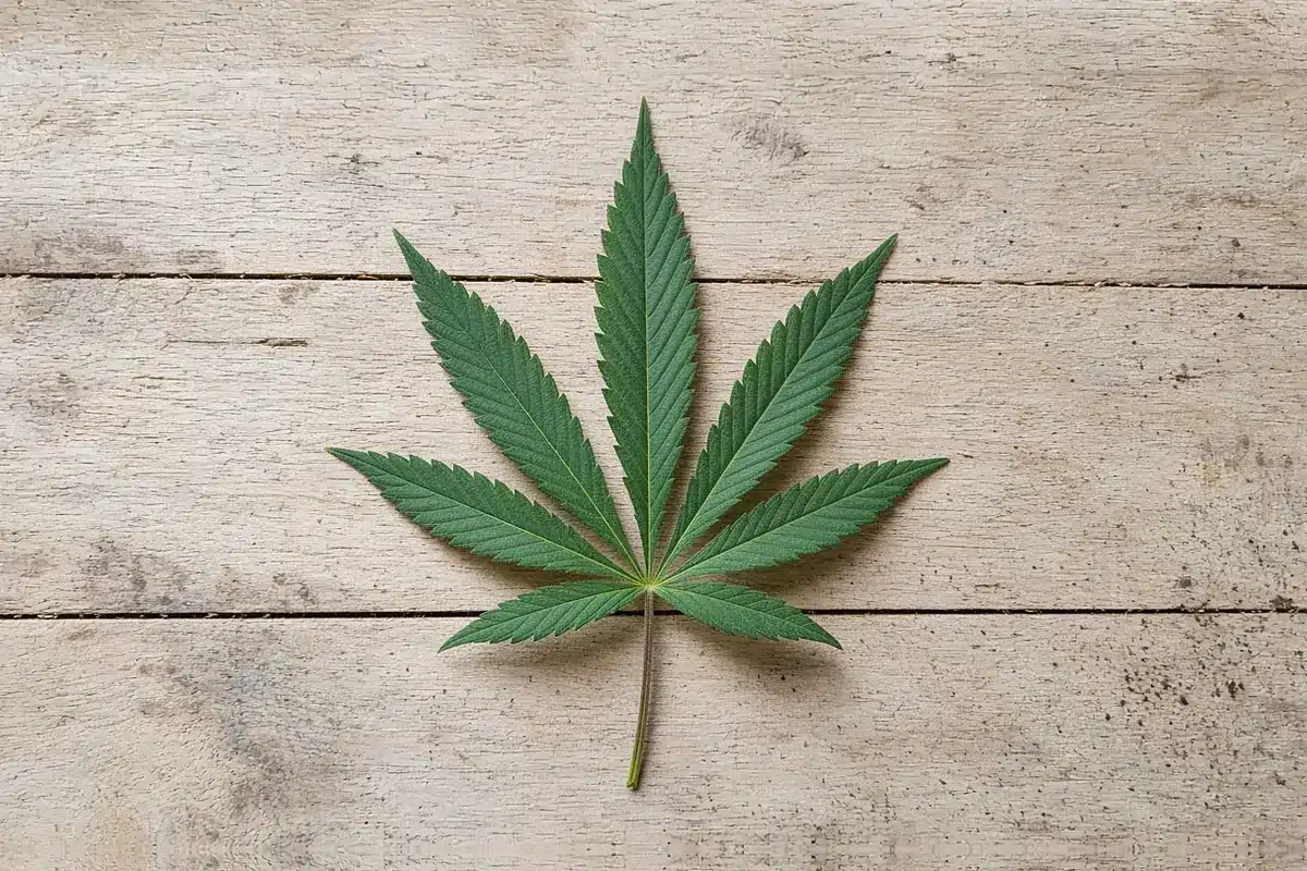 Healthy cannabis fan leaf on a wooden bench
