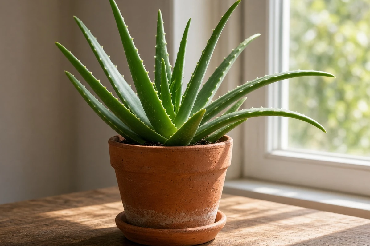 Healthy green aloe in a clay pot in bright light