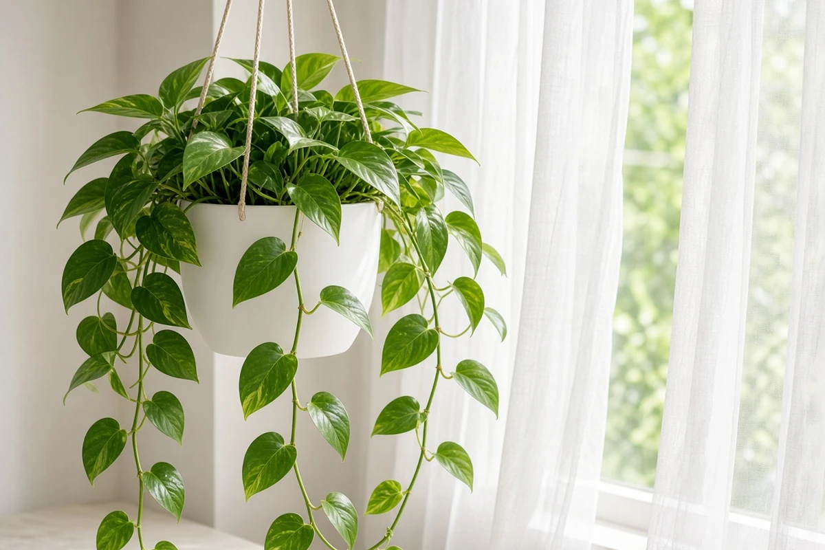 Healthy pothos in a hanging pot near a window