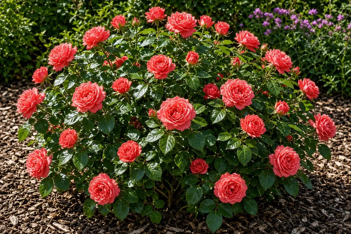 Lush rose shrub blooming in a garden bed
