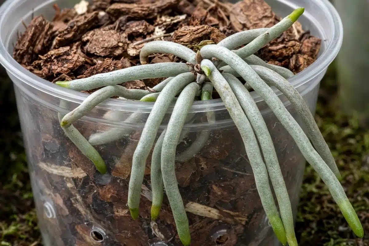 Sound silvery green orchid roots