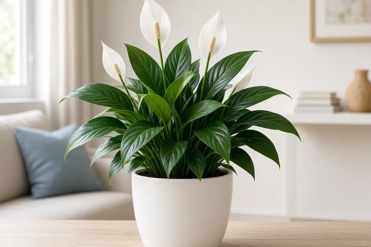 Lush upright peace lily with white flowers