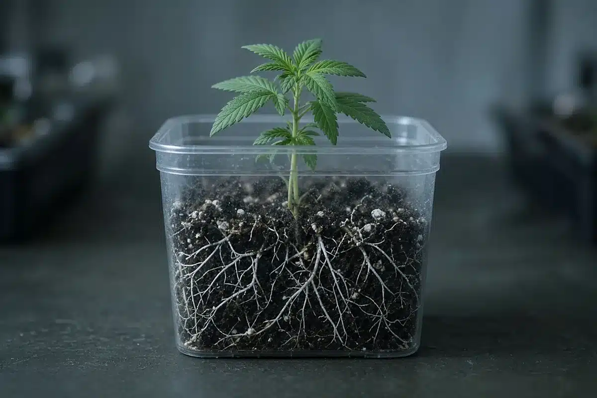 Healthy white cannabis roots in a clear container