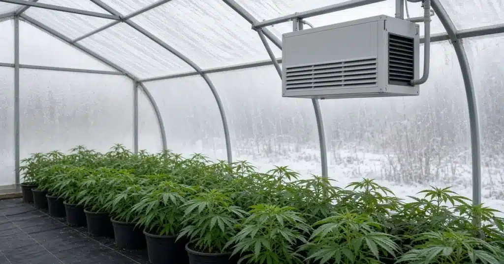 Vented unit heater mounted high in a poly greenhouse above rows of young cannabis plants on a frosty morning