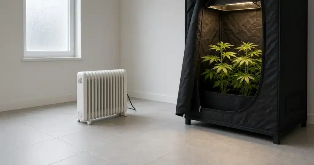 Small electric heater on a level tile floor several feet from a grow tent holding cannabis plants in winter