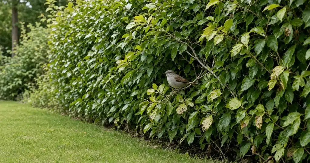 Dense green hedge along a garden edge with a small bird nearby