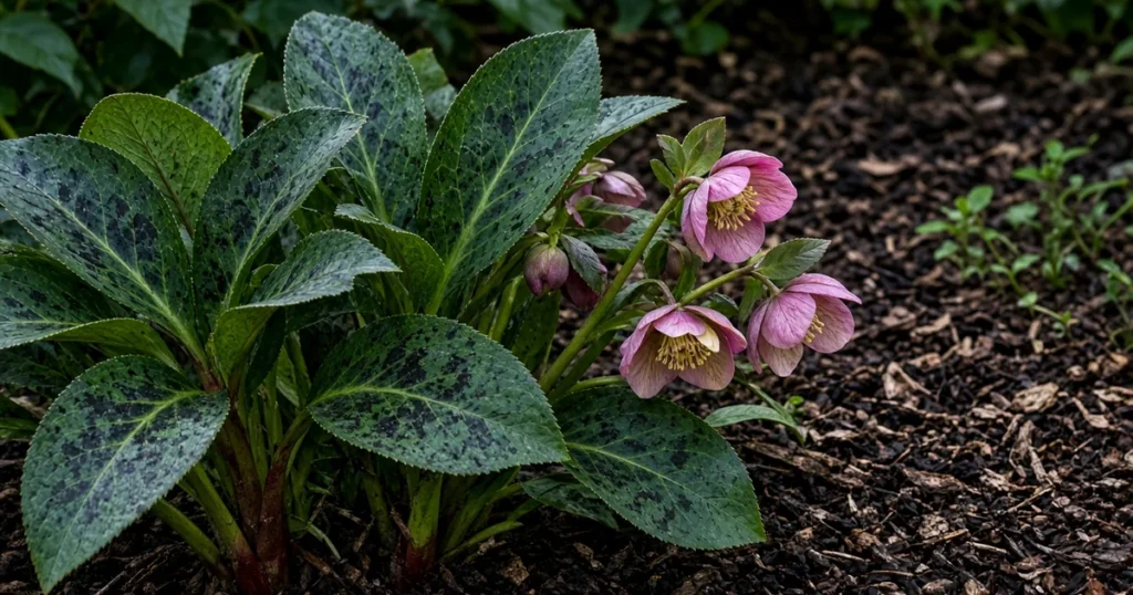 Hellebore leaves with dark blotches beside pink flowers