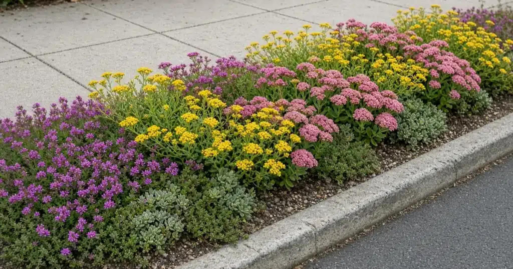 Low flowering plants in a strip between sidewalk and street
