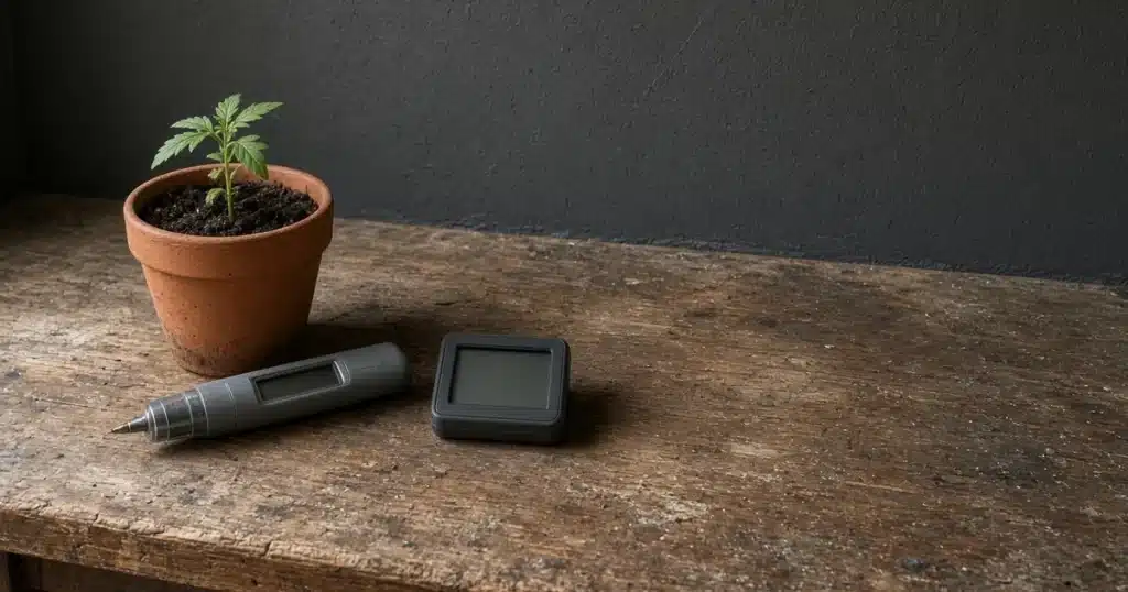 Grow gadgets laid out on a bench beside a cannabis plant