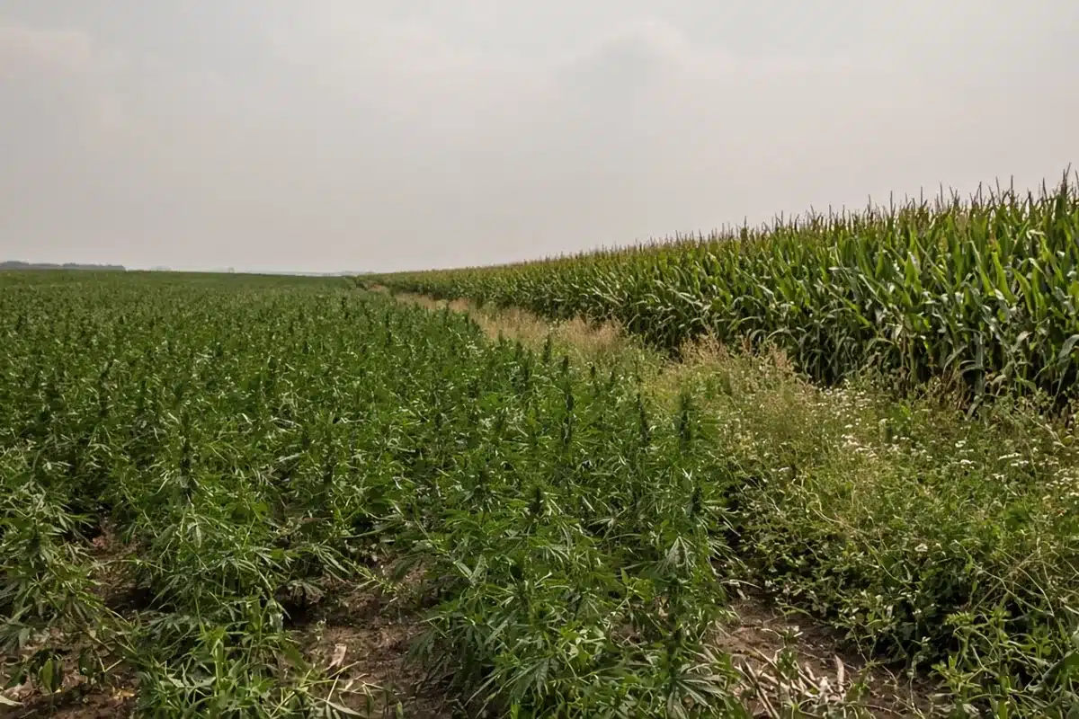 Field hemp rows planted next to a corn field in summer