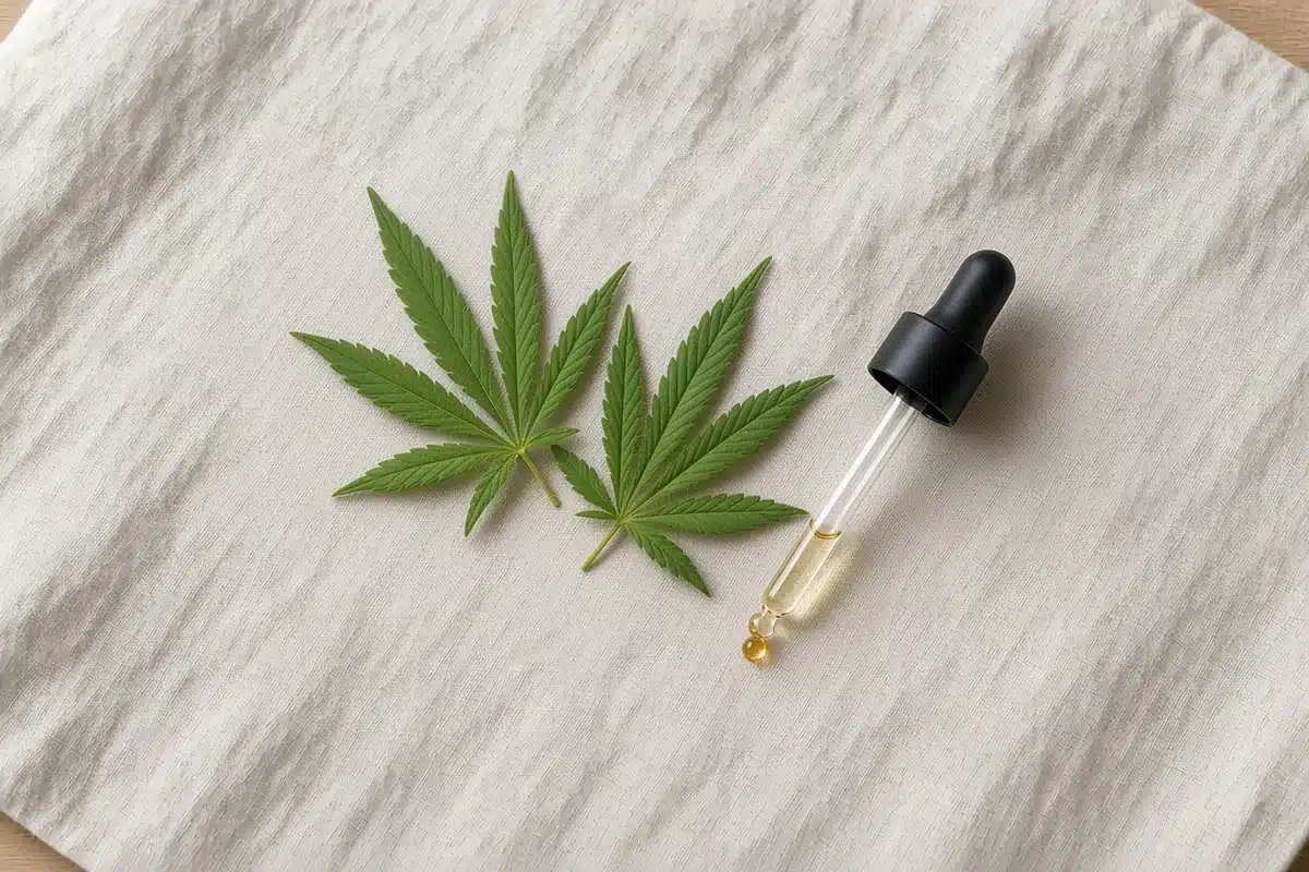 Hemp leaves beside a CBD dropper