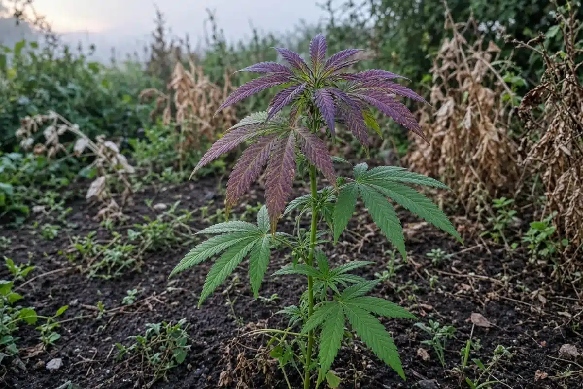 Hemp plant with purple and red leaves after a cold night in the field