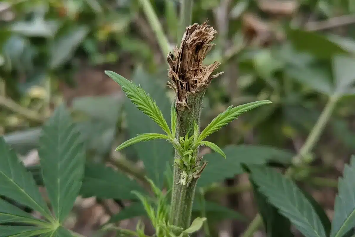 Hemp plant regrowing two new shoots below a stem broken by hail