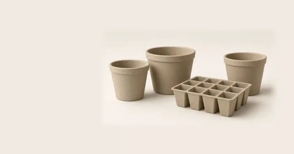 Hemp plastic pots and seedling trays on a tabletop