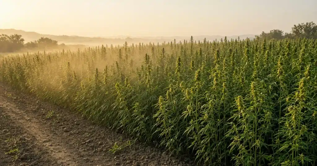 Hemp field in bloom with pollen haze under late summer light