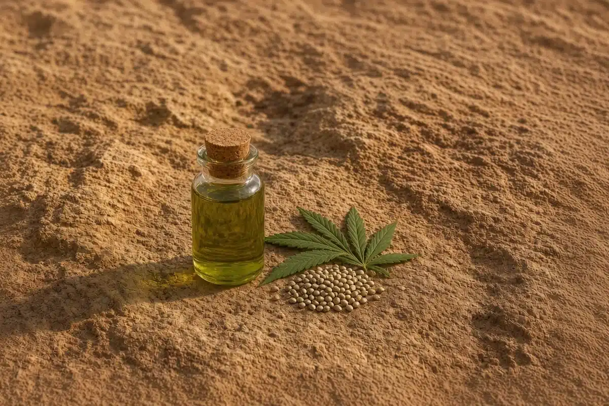 Hemp seed oil bottle with a hemp leaf and seeds