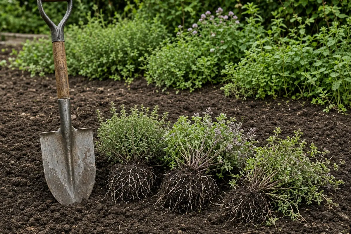 Herb bed with a spade beside freshly dug plants