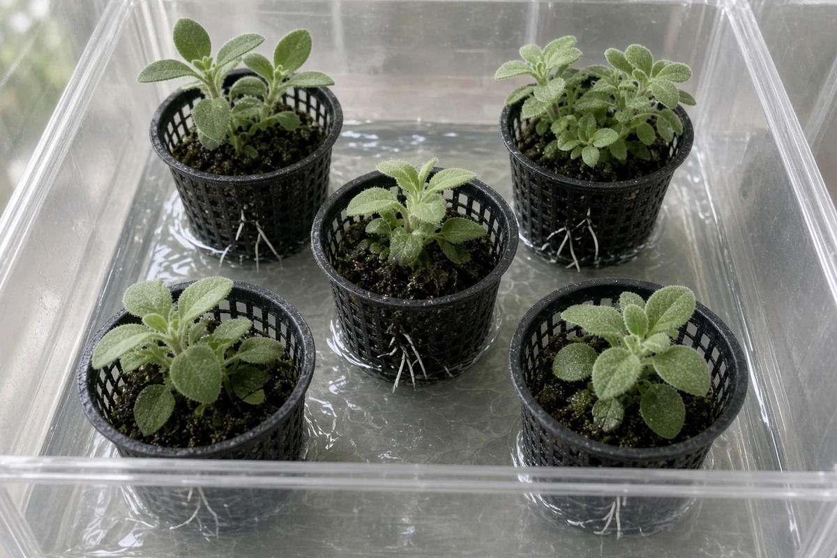 Herb cuttings rooting in net cups