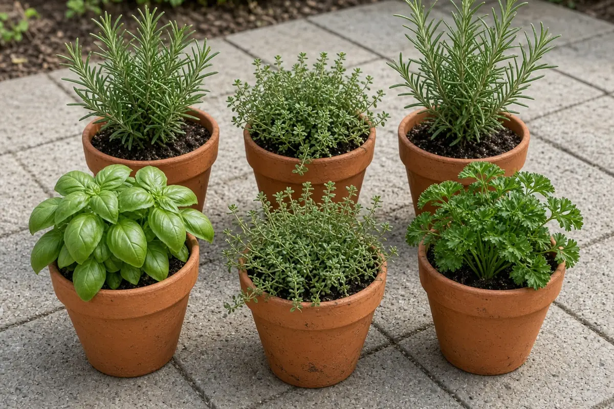 Herb pots grouped together on pavers