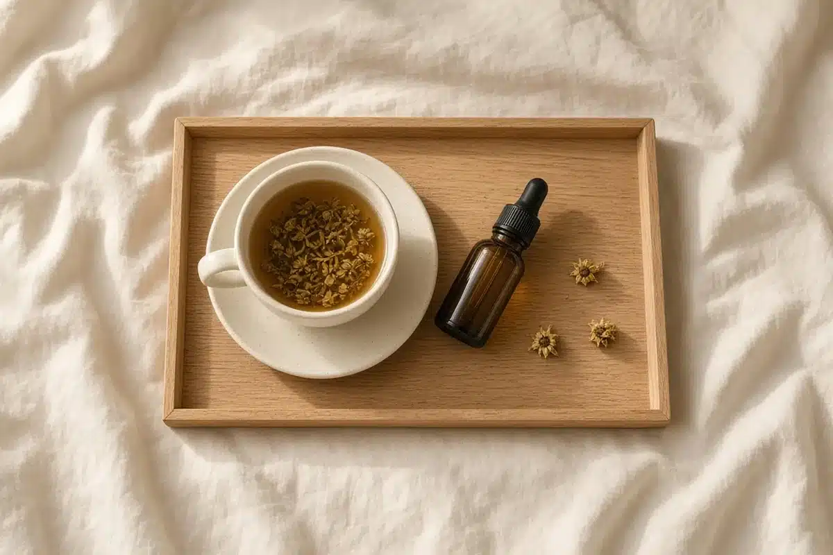 Herbal tea and CBD oil on a tray