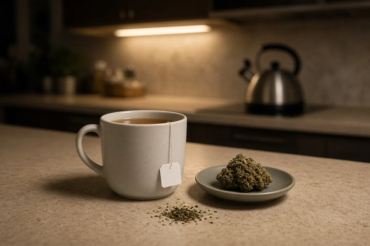 Herbal tea cup and a cannabis bud at night