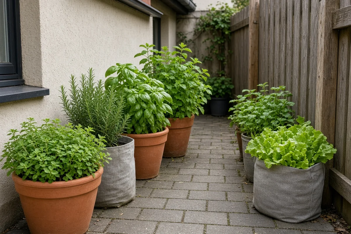 Herbs and lettuce in containers lining a narrow side yard