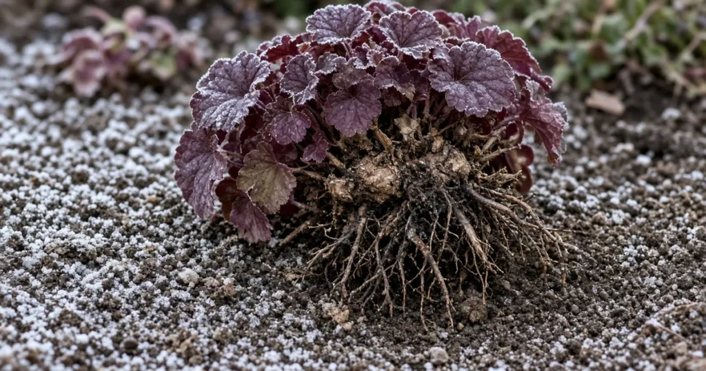 Purple heuchera pushed up out of frosty soil with roots exposed