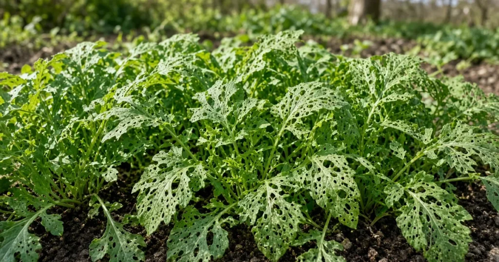 Leafy greens with leaves full of small holes in a garden bed