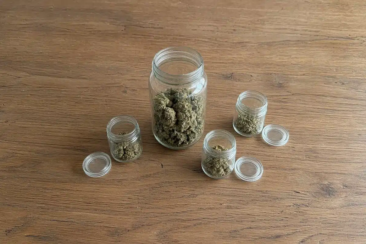 Home grown cannabis buds split into small glass jars