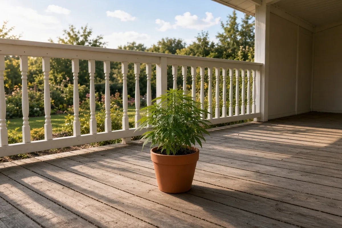 Home grown cannabis plant on a porch